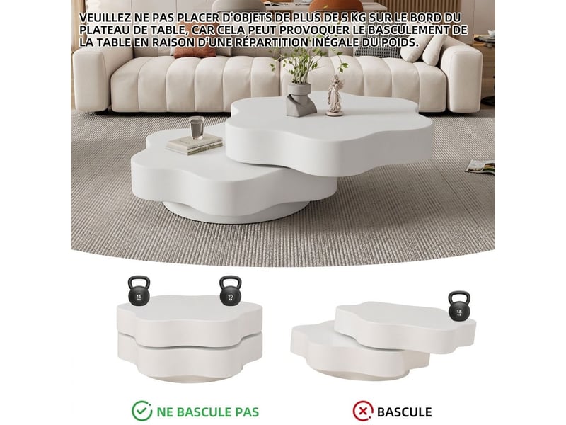 Table basse 700 x 700 x 355 mm blanche en mdf plateau pivotant 360 degrés led pour salon - Conforama D