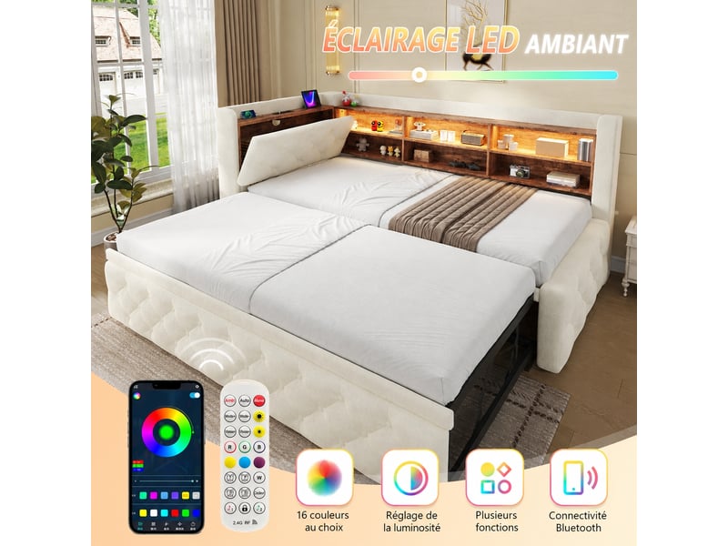  Canapé convertible 90 x 190 cm extensible en velours beige - rangement, led et ports usbusb-c  - Conforama W