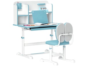 Ensemble bureau et chaise réglables pour enfants, bureau scolaire avec plateau inclinable, tiroir et étagère, bleu