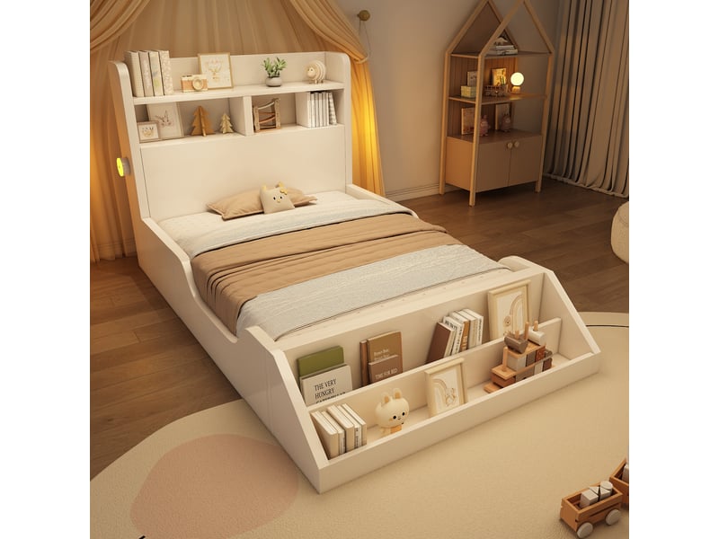  Lit enfant 90x200 cm en bois avec étagères, veilleuses led et bibliothèque amovible, lit avec rangement pour chambre enfant - blanc (sans matelas)  - Conforama B