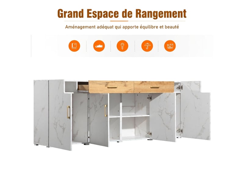 Buffet 4 portes 2 tiroirs blanc marbré meuble de rangement 208 cm pour salon - Conforama R
