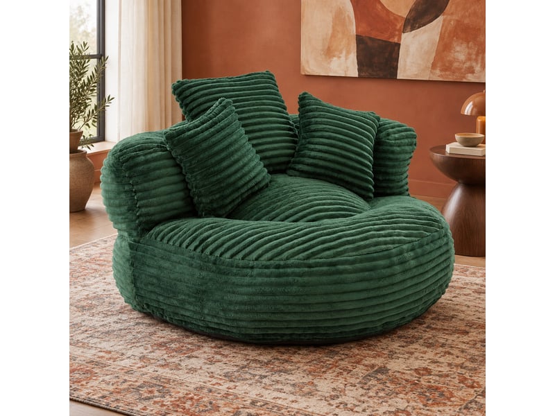  Fauteuil pouf en velours côtelé, avec dossier haut, accoudoirs enveloppants et assise large, vert émeraude  - Conforama B