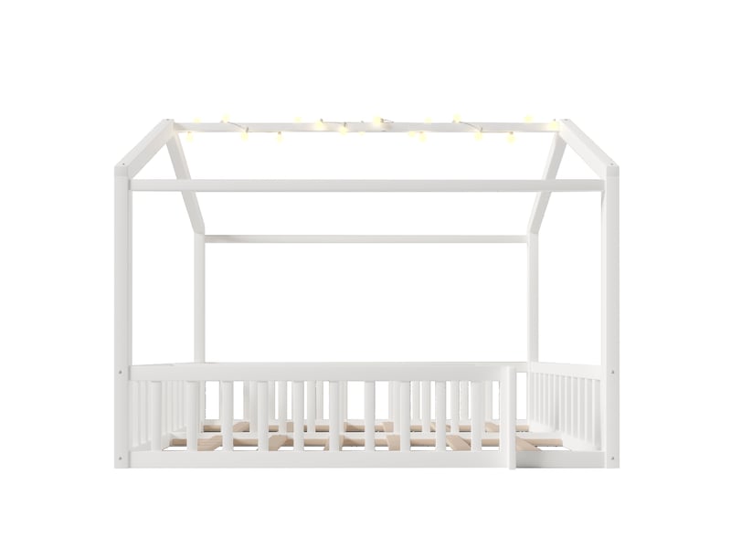  Lit cabane enfant 90x190×2180x190 cm en pin blanc, barrières, led, avec toit, sans matelas  - Conforama A