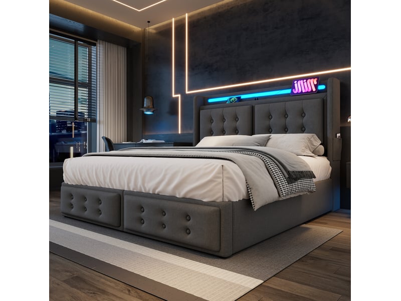  Lit coffre 160 × 200 cm 2 places avec led, usb et type-c, rangement hydraulique, avec matelas, en tissu gris  - Conforama C