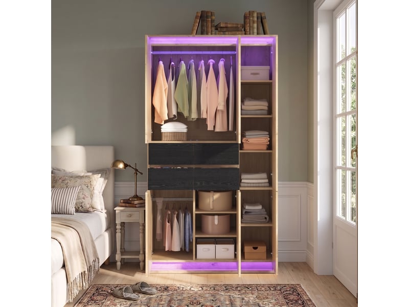  Armoire avec miroir et double éclairage led 110 x 47 x 200 cm – 2 tringles, 4 tiroirs, 9 compartiments, mdf finition bois clair  - Conforama D