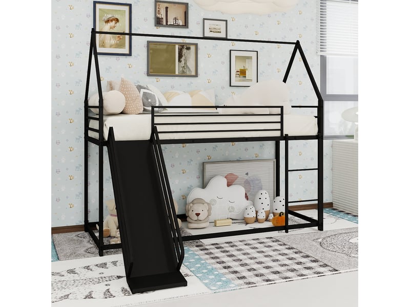 Lit superposé enfant 90x190 cm avec toboggan, structure maison et métal noir - Conforama D