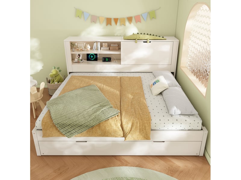  Lit gigogne 140x190 cm avec lit tiroir 90x190 cm, rangements, sommier et usb, blanc  - Conforama E