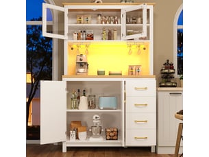 Buffet de cuisine 105,5x40x180 cm avec éclairage led et porte-gobelets, 4 portes, meuble de rangement style campagnard, mdf, blanc