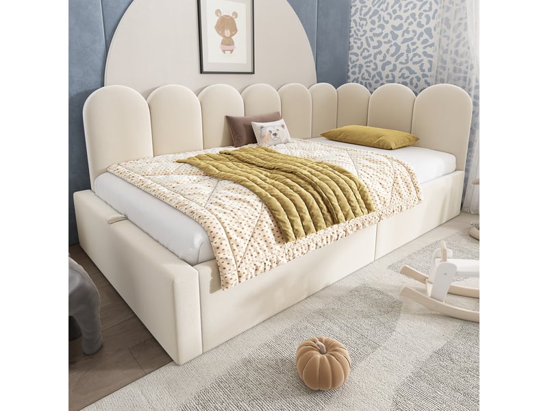 Lit banquette coffre 90x190 cm avec coffre de rangement hydraulique - structure métallique - velours beige - sans matelas - Conforama C