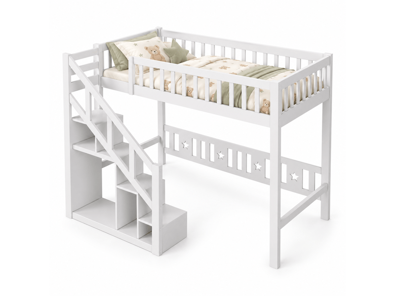 Lit mezzanine enfant pin 90x200, lit adulte loft avec échelle de rangement armoire étagères et sommiers à latte, barrière de sécurité, escalier rangement intégré, pin massif, lit superposé avec placard de rangement, protection … - Conforama A