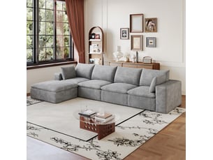 Canapé modulable 5 places en velours côtelé gris, avec ottoman et coussins déhoussables
