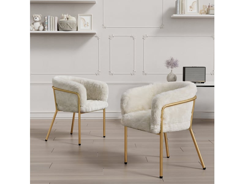  Chaise de salle à manger lot de 2 avec accoudoirs et dossier, pieds métalliques en imitation fourrure de lapin blanche  - Conforama B