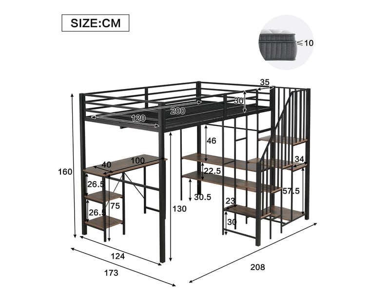  Lit superposé 120 x 200 cm, fer, penderie angle, échelle, rangements, table, étagère, noir et bois vieilli  - Conforama E