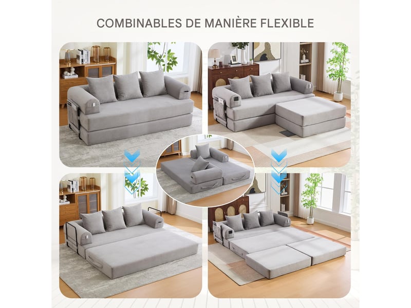  Canapé modulable 3 places en velours côtelé avec pouf gris clair W2845S00386 - Conforama E