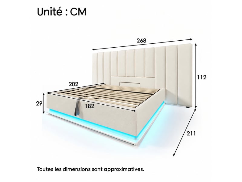  Lit double 180x200 cm, lit coffre avec rangement hydraulique, pu blanc, led et usb-c  - Conforama C