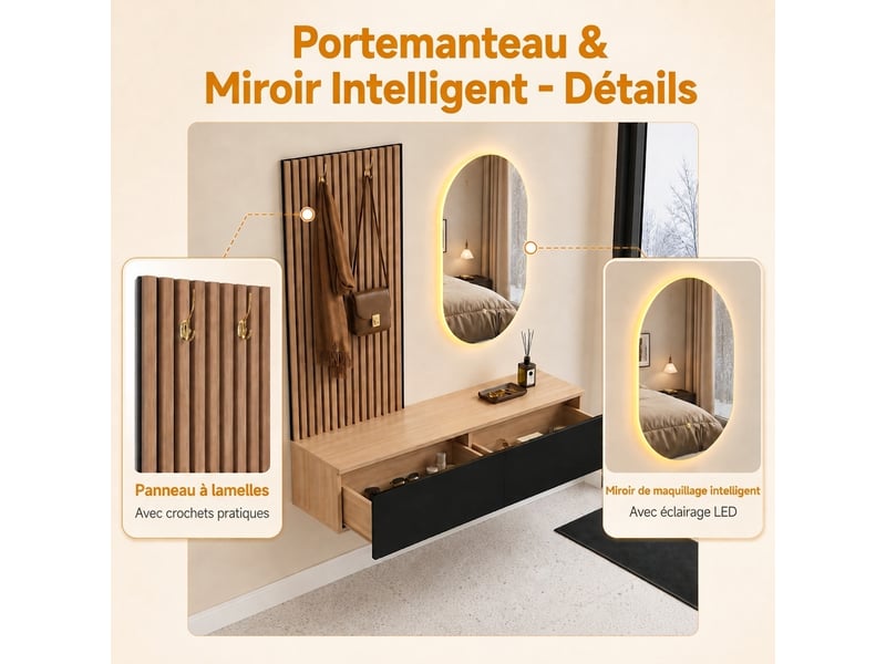  Armoire en rotin 135x47x200 cm avec 2 penderies et 6 tiroirs couleur chêne  - Conforama R