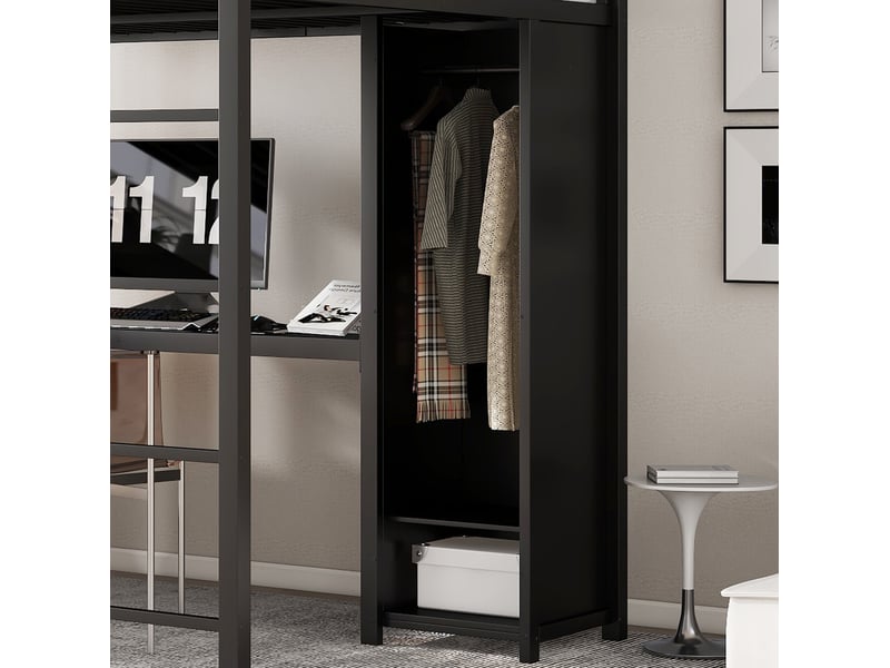  Lit mezzanine 140x200 cm avec bureau, rangement double niveau et armoire en métal et panneau de particules noir  - Conforama E