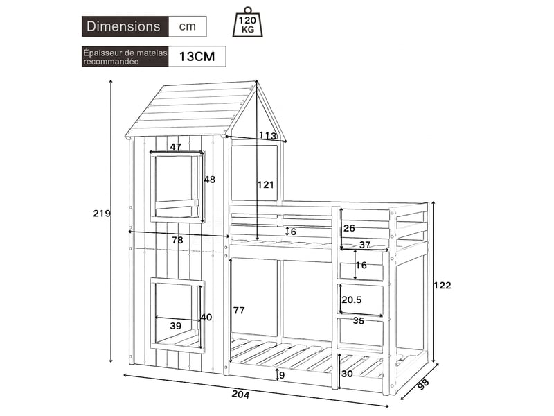 Lit superposé enfant 90x200 cabane bois massif gris avec échelle - Conforama C