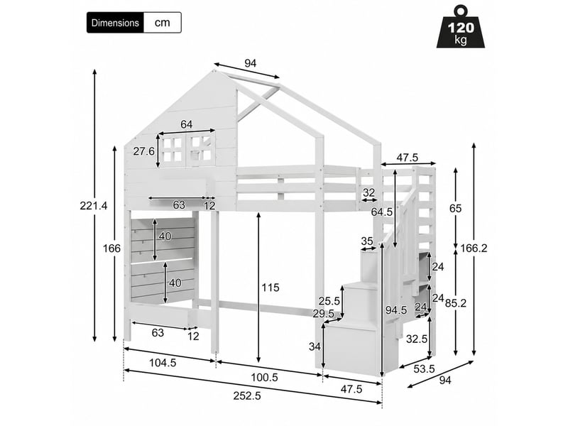  Lit superposé en bois massif et mdf, lit 2 places avec escalier de rangement et fenêtre, 90x200 cm, sans matelas  - Conforama D