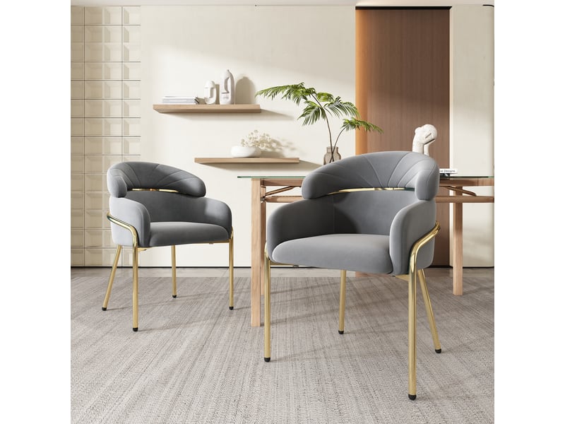  Lot de 2 chaises de salle à manger avec quatre pieds en métal, pour salon, luxe léger, chambre, bureau, velours, gris  - Conforama B