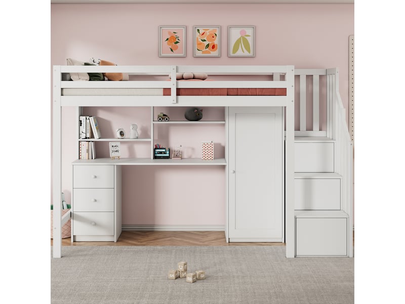 Lit superposé avec bureau et armoire 90x200 cm - bois massif blanc rangement intégré  - Conforama E