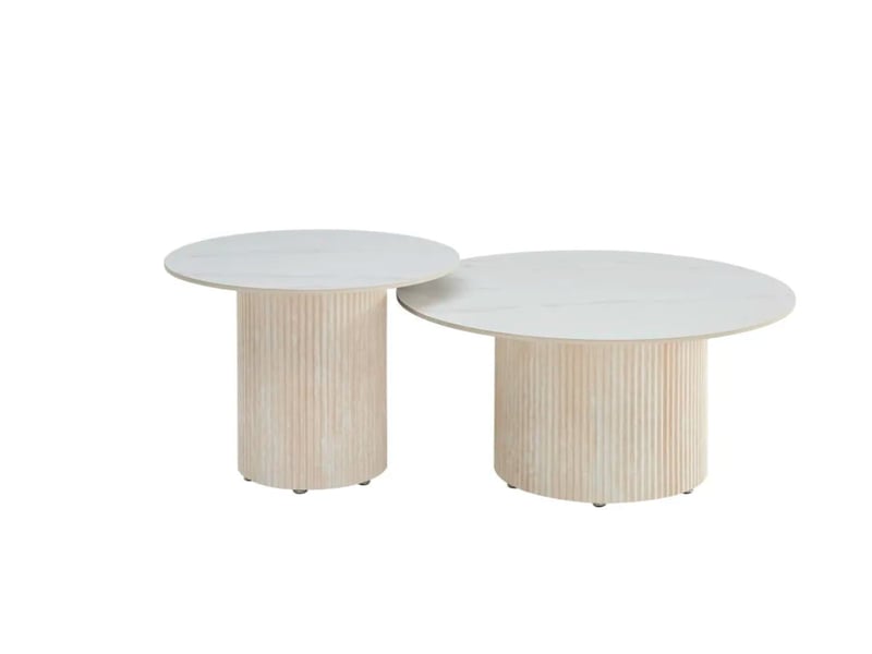  Duo tables gigognes rondes céramique marbre blanc &amp; pied travertin ø80 cm – baieta  - Conforama A