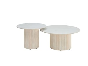 Duo tables gigognes rondes céramique marbre blanc & pied travertin ø80 cm – baieta