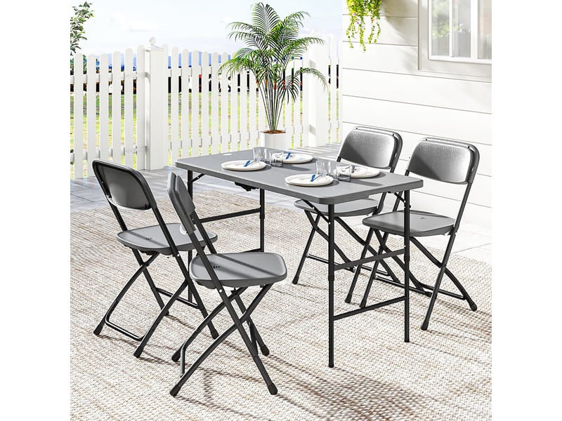  Salon de jardin extérieur table avec 4 chaises pliables table réglable en hauteur 118 cm gris foncé  - Conforama D