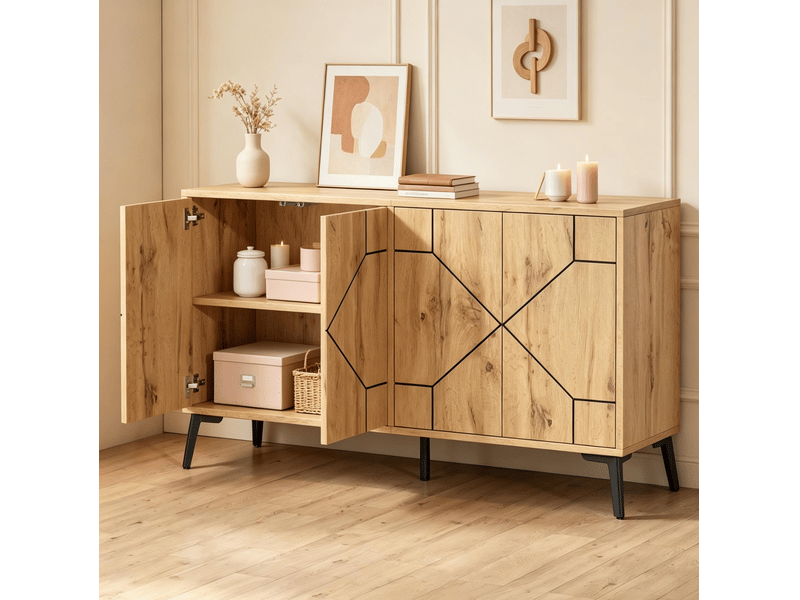  Buffet bas 4 portes à ouverture par pression, 4 compartiments, style industriel en mdf chêne clair, 120 × 35 × 69 cm  - Conforama B
