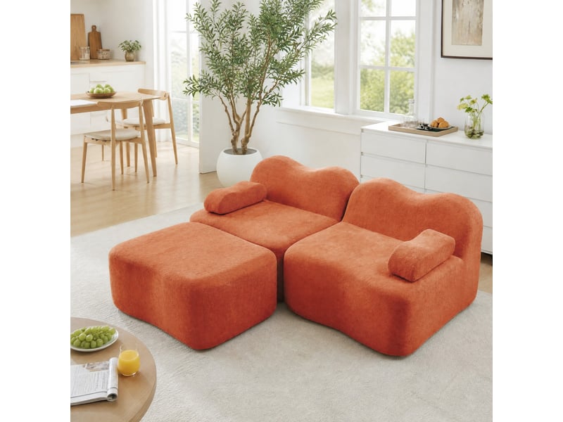 Canapé d’angle modulable 2 places avec ottomane orange en velours - Conforama B