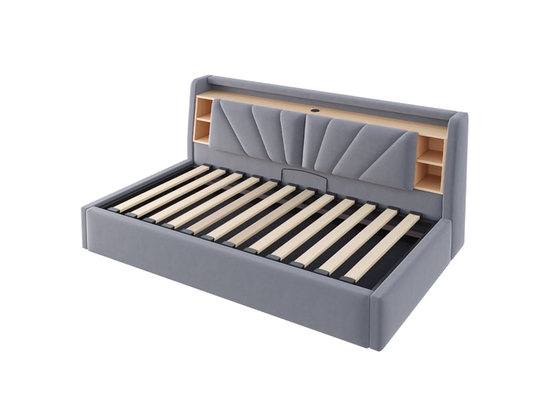  Lit coffre 90x200 cm, lit simple avec led et usb, velours gris foncé, sans matelas  - Conforama A