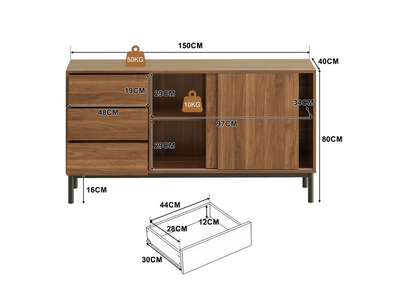 Buffet bas 150x40x80 cm en mdf coloris noyer avec 3 tiroirs et 2 portes coulissantes - Conforama C
