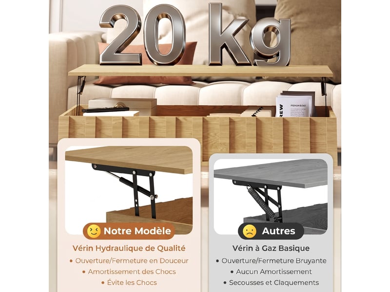  Table basse relevable avec 2 compartiments cachés et latéraux cannelés, style mid-century modern, 110x55x36,5cm, chêne  - Conforama R