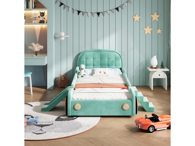  Lit voiture 90x200 cm, lit enfant, escalier, toboggan, barrière antichute, velours bleu-vert  - Conforama D