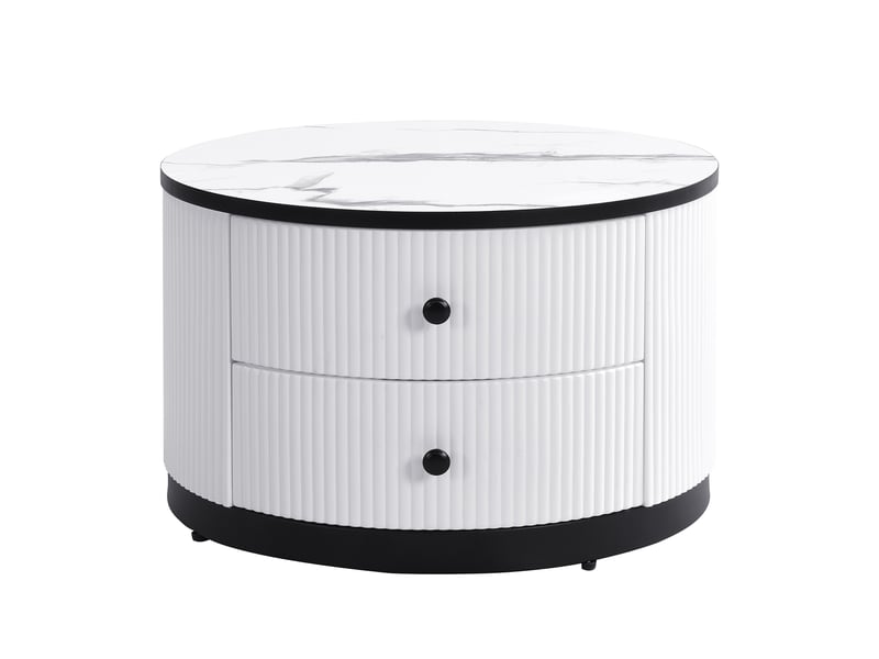  Élégant ensemble de 2 tables basses gigognes blanches, 60 x 60 x 45,5 cm et 50 x 50 x 32 cm, tables rondes aspect marbre brillant, 2 tiroirs, capacité de charge jusqu'à 30 kg, combinaison de tables basses gigognes  - Conforama E