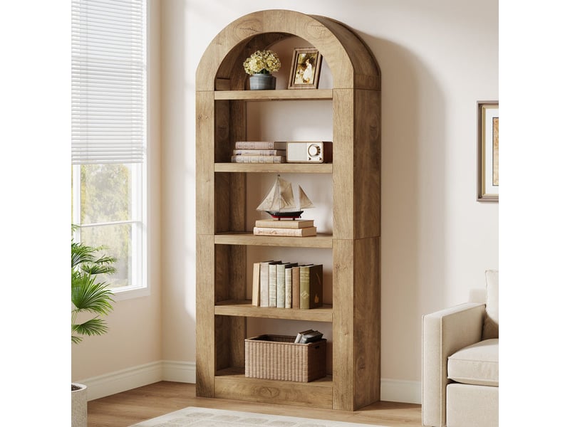 Tribesigns bibliothèque arquée de 180 cm de haut avec rangements, étagère ouverte en bois à 5 niveaux pour salon, chambre, bibliothèque ou bureau, couleur naturelle - Conforama B
