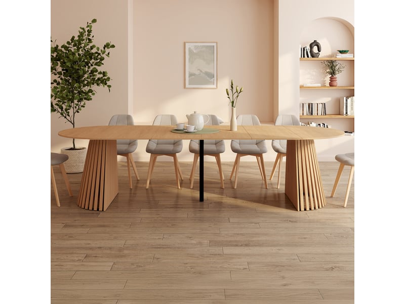 Table à manger extensible ronde carmen 4-12 personnes pied bois en lattes et plateau bois 110-300 cm  - Conforama B