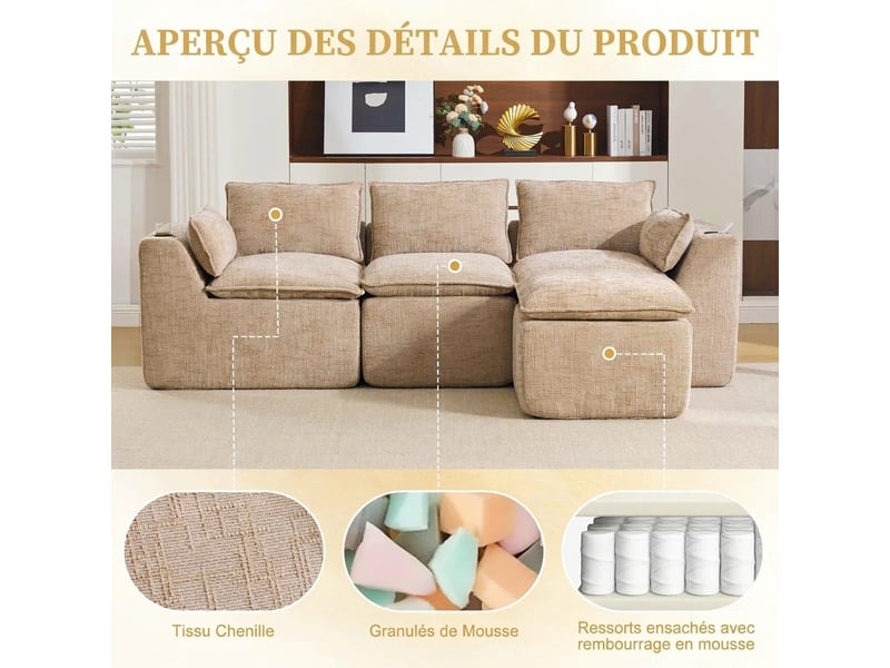 Canapé modulaire 3 places avec repose-pieds 256x161x75 cm chenille kaki porte-gobelet - Conforama R
