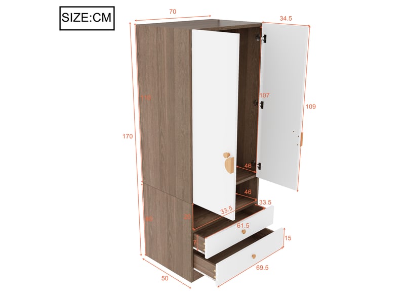  Armoire simple 70 x 50 x 170 cm avec 2 tiroirs, compartiments de rangement et poignées fantaisie, finition effet bois naturel, meuble compact pour chambre ou salon OPULERANE TRADING LTD - Conforama D