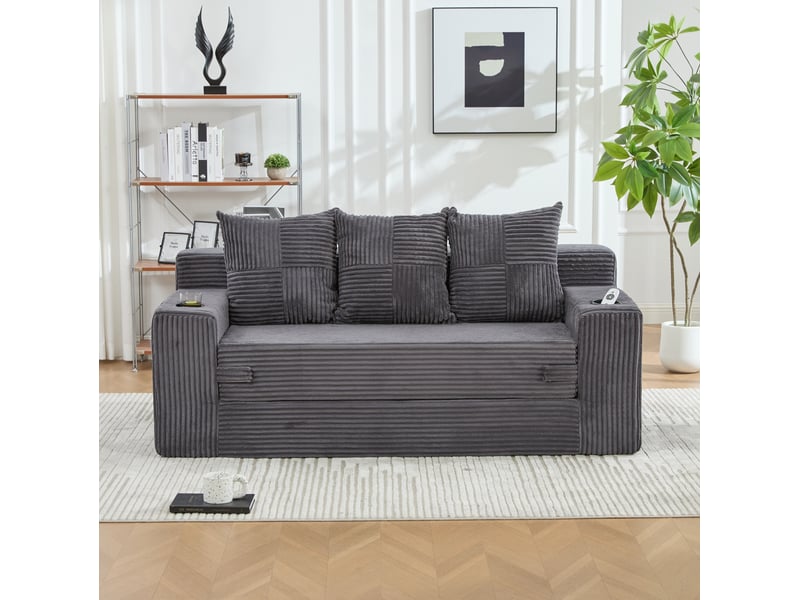 Canapé modulaire 2 places avec accoudoirs, porte-gobelets et poches latérales en velours côtelé gris, 172 × 87 × 64 cm - Conforama C