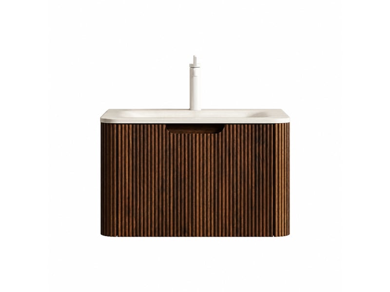  Meuble vasque suspendu 60 cm avec vasque intégrée en pierre frittée effet travertin, finition noyer  - Conforama A