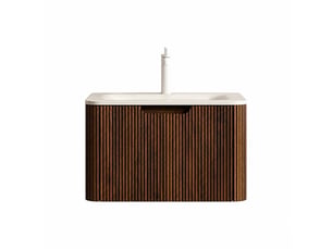 Meuble vasque suspendu 60 cm avec vasque intégrée en pierre frittée effet travertin, finition noyer