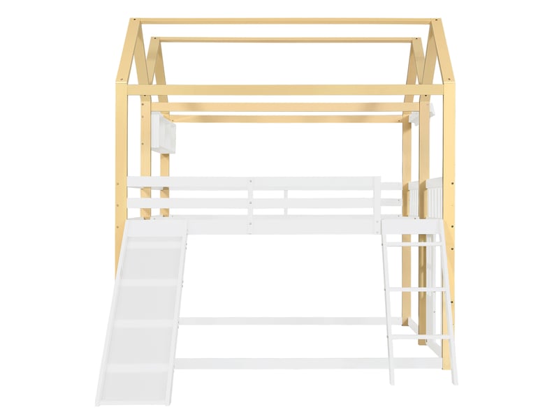 Lit mezzanine enfant 90x200cm avec toboggan et échelle, lit cabane en bois blanc et naturel, lit de jeu mi-hauteur avec porte, toboggan et échelle installables à gauche ou à droite, lit enfant avec espace de jeu intégré - Conforama E