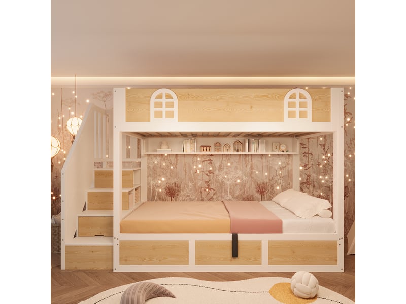  Lit superposé enfant 90x200 avec escalier rangement, sécurité en 747, blanc et naturel AB STORE - Conforama E