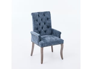 Chaise de salle à manger en chenille bleue avec accoudoirs, dossier haut capitonné, pieds courbés en bois massif, assise rembourrée, style classique