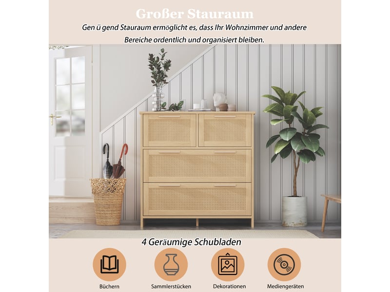  Commode 4 tiroirs rotin bois massif rangement élégant chambre salon  - Conforama E