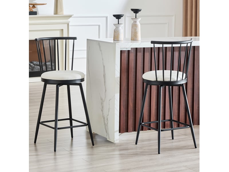  Tabouret de bar haut 39x39x96 cm, chaise de bar, style windsor, dossier à barreaux, structure en métal et pu, blanc  - Conforama D