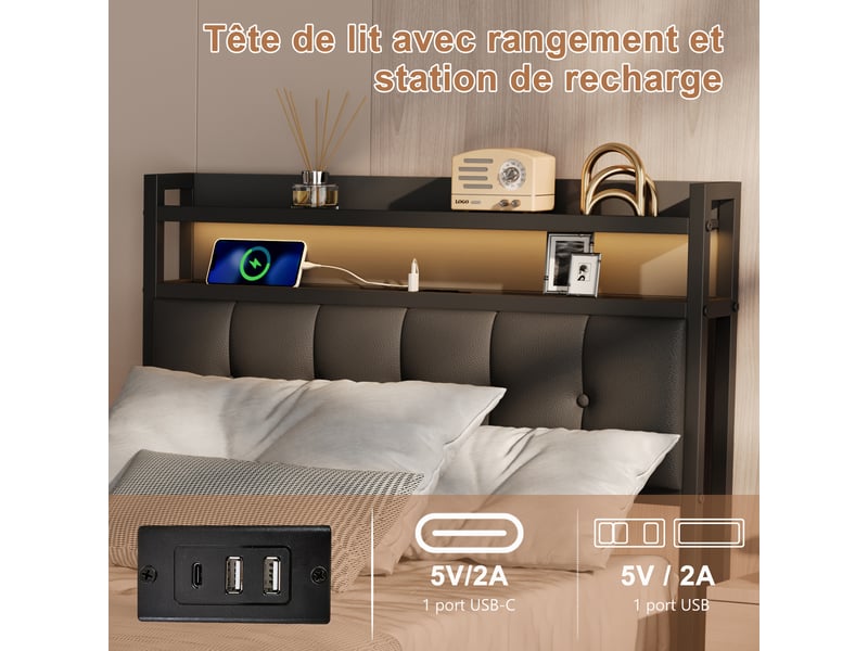 Lit coffre 90 x 200 cm ,lit simple rembourré,hydraulique,led,usb et de type c,tête de lit avec rangement,pu,noir - Conforama E