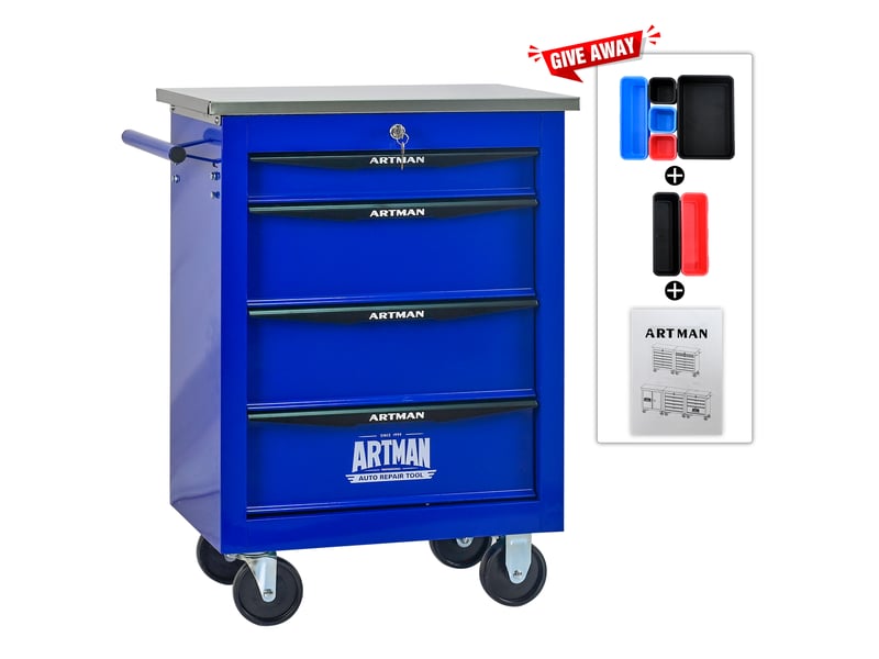  Chariot à outils 4 tiroirs - noir &amp; bleu - acier robuste - dimensions assemblées 62.5x34.5x78 cm - poids 22.5 kg 62.5x34.5x78cm - Conforama C