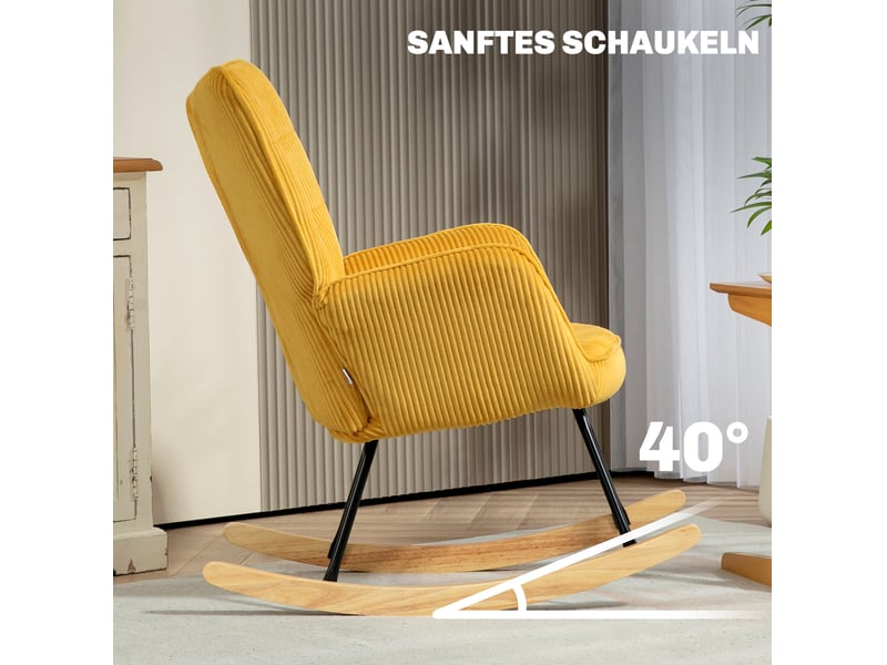  Fauteuil à bascule tcqpz en velours côtelé jaune avec accoudoirs, structure en acier et base en bois de hêtre, 98 x 71 x 101 cm  - Conforama D